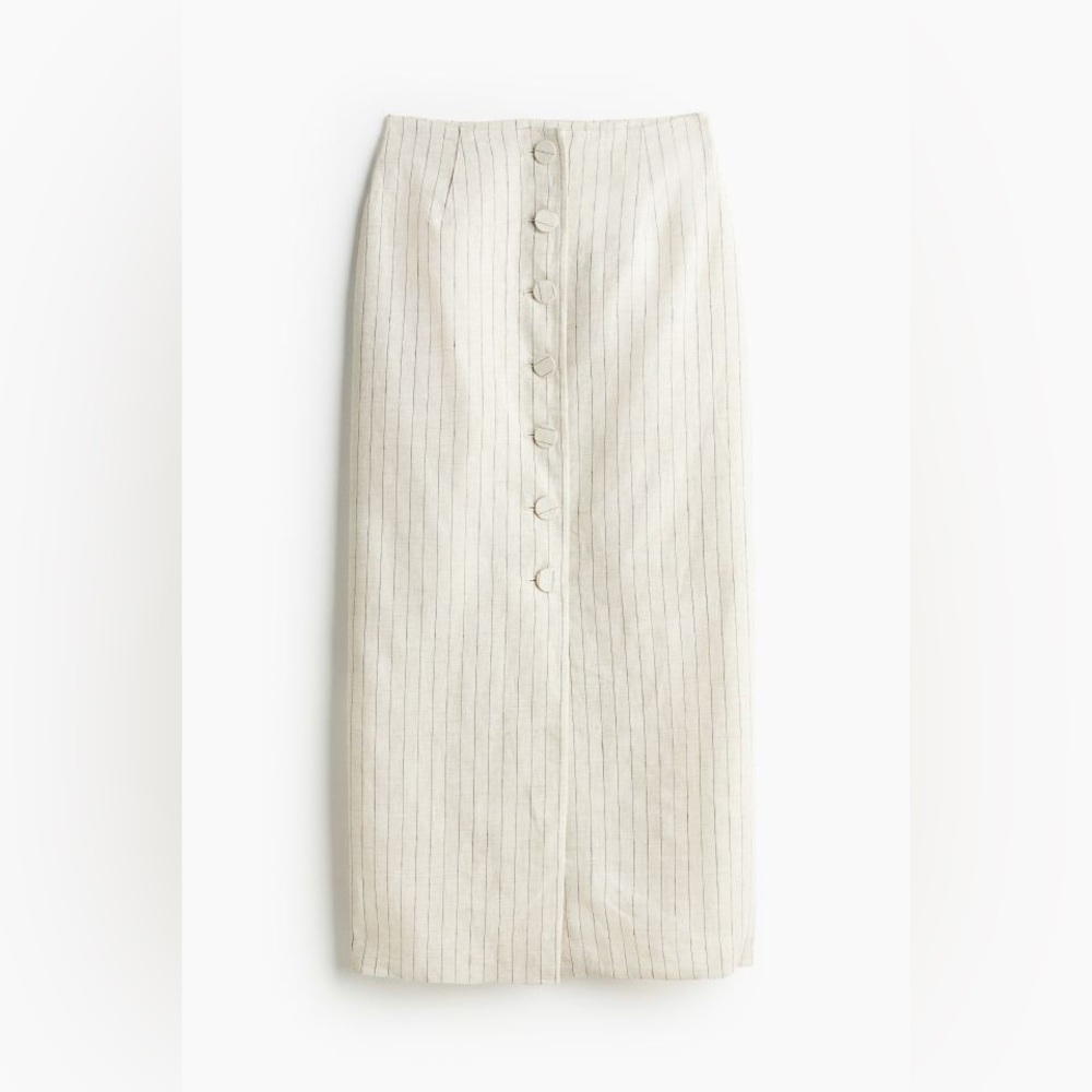 H&M Light Beige Pinstriped Button-Front Linen Skirt | Size 6